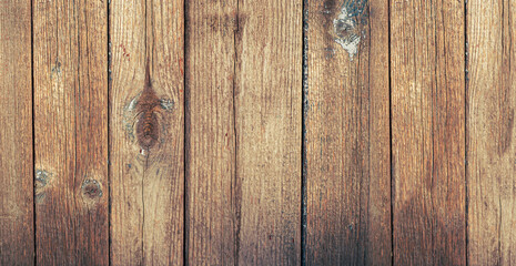 Obraz premium Brown wooden background with vertical planks, natural wood grain and texture. Rustic wooden wall surface for design, banner or backdrop, warm natural pattern, clean horizontal composition.