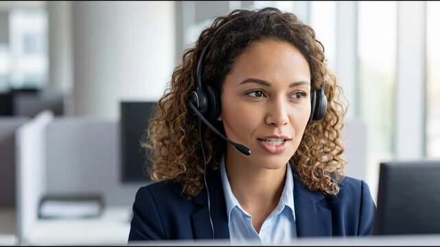 African American woman in a call center wearing a headset engages in conversation, showcasing attentive listening and professional demeanor while seated at a desk with computer
