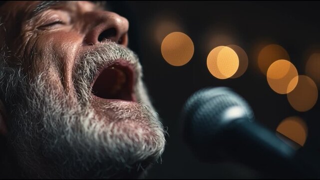 A passionate elderly man sings into a microphone, showcasing emotion and connection in a lively atmosphere.