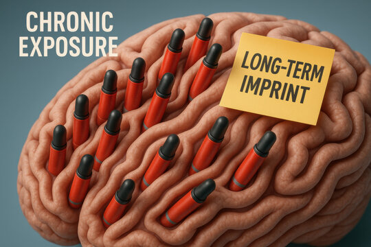 Medical visualization of brain with long term imprint from chronic exposure. illustration shows accumulated markers embedded in neural pathways, concept of memory decay