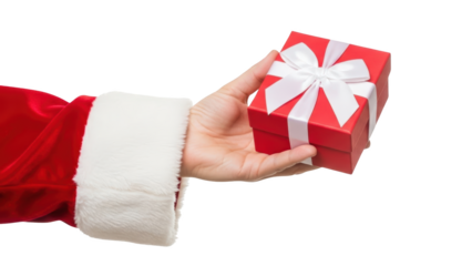 Santa Claus hand giving a red gift box with white ribbon.