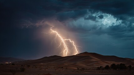 A dramatic desert landscape with lightning striking over sand dunes, showcasing a powerful and stormy atmosphere.