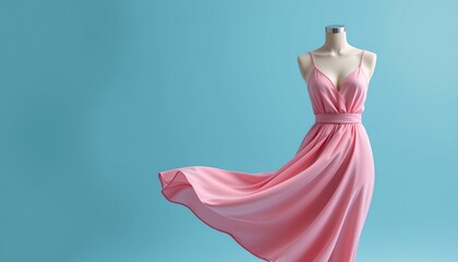 Fototapeta premium Floating silk fabric shaped like a dress without a body, surreal fashion concept, pastel blue background, soft studio lighting, minimal composition with copy space.