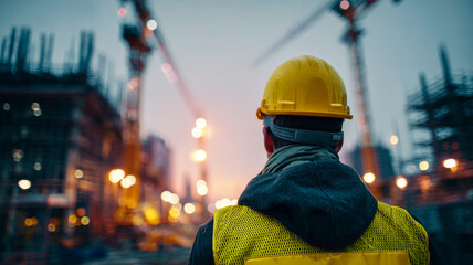Worker observing cranes in construction site, back view perspective.