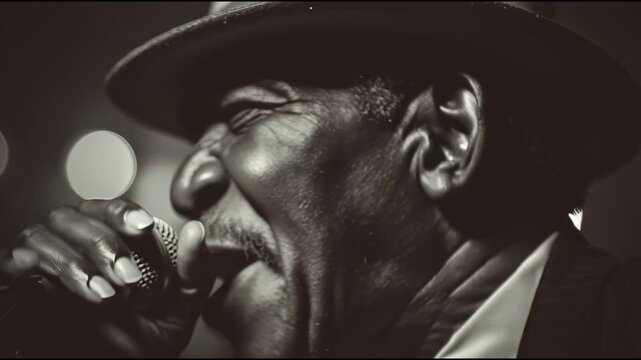 A passionate performer sings into a microphone, expressing deep emotions, creating a captivating connection with the audience.