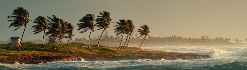 A serene coastal scene featuring palm trees swaying in the wind, waves crashing against the shore, and a misty background under soft evening light.