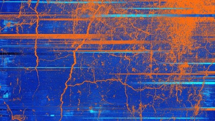 Fototapeta premium Vibrant Abstract Grunge Background with Neon Blue and Orange Glitch Texture. Distressed surface featuring digital noise and rust-like cracks.