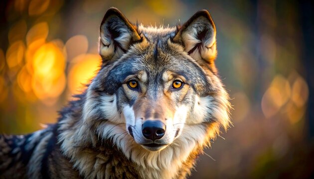 Wolf Portrait with Golden Eyes Closeup.