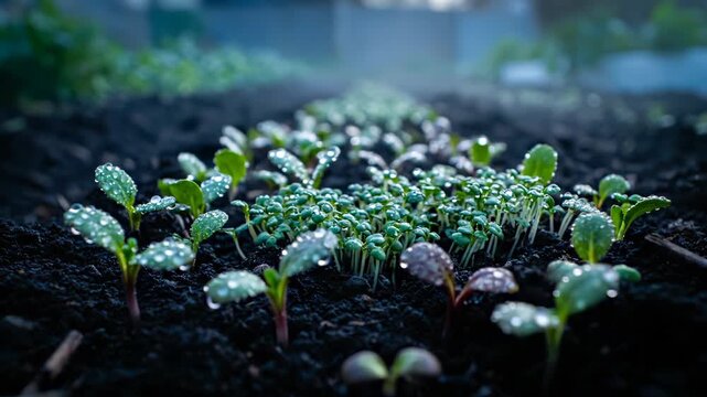 Microgreen seedlings with droplets grow in dark soil bed. Radish and cress sprouts emerge from soil with water. Seedlings show microgreen growth in soil. Droplets cover growing microgreen sprouts.