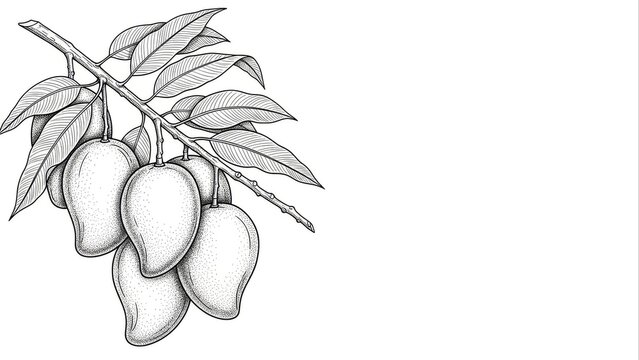 Vintage engraving style illustration of ripe mangoes hanging from a branch with leaves. Detailed hand-drawn botanical black and white sketch using dot shading.