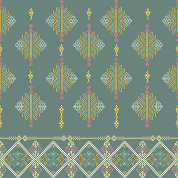 Green and yellow cross-stitch ethnic boho seamless pattern. Tribal pattern. Folk motif. Textile rapport. Vector illustration of Ukrainian folk seamless pattern ornament.