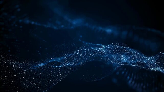Abstract flowing blue particles creating a digital wave effect. Represents technology, innovation, and data visualization in a modern context
