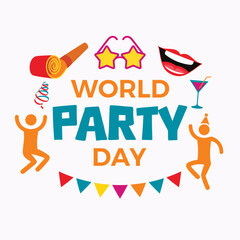 World Party Day poster with party tools vector illustration. Party colors icon set. Celebration and party symbols. Template for background, banner, card. April 3 every year. Important day