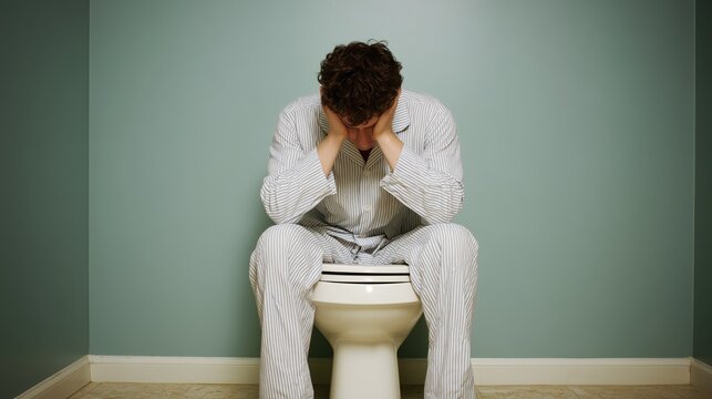 Man in pajamas with head in hands sitting on toilet, suffering from stomach pain or constipation. Stomach ache, digestive issue. Somber mood. Frequent visit