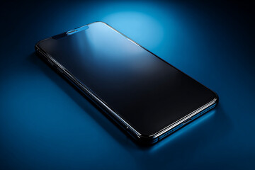 A sleek smartphone with a black screen is illuminated on a blue background with a spotlight