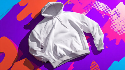 A white hoodie with a drawstring hood on a colorful background with paint splatters and abstract shapes