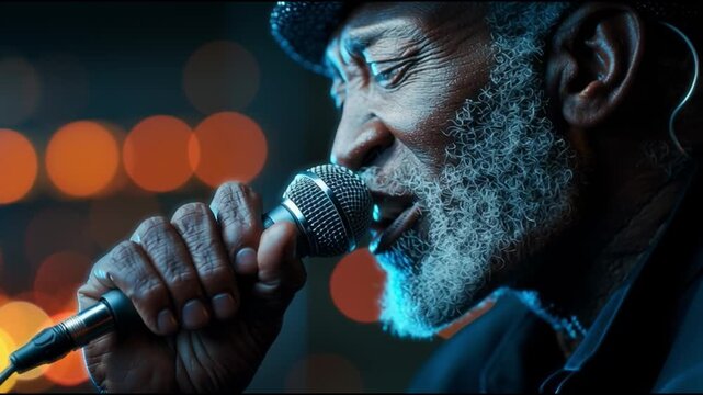 A soulful musician passionately singing into a microphone, capturing the essence of live performance and artistic expression.