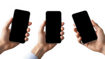 Three hands holding smartphones