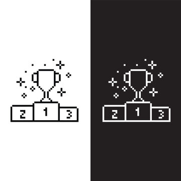 black and white pixel You win  icon trophy 8 bit vector icon art for computer game	
