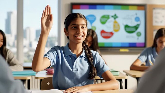 smiling indian girl student raising hand in modern classroom with digital board. smart pupil participating in lesson. education, knowledge and school learning.