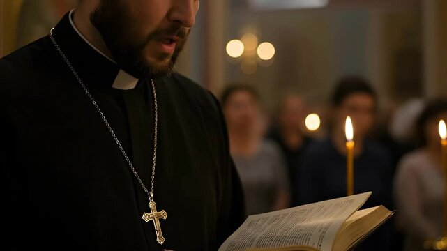 Christian priest in clerical clothing with cross necklace and Bible in temple or church performing sacred easter ritual with candles. portrait of Catholic clergyman. Religious and traditional concept.