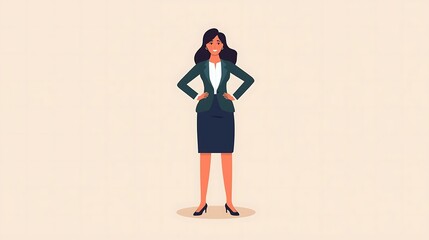 Confident businesswoman in formal suit standing with hands on hips