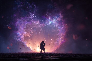 Silhouette of a couple embracing in front of a vibrant heart-shaped cosmic background filled with colorful stars and swirling galaxies during a romantic moment