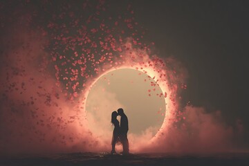 Silhouette of a couple embracing in front of a vibrant heart-shaped cosmic background filled with colorful stars and swirling galaxies during a romantic moment