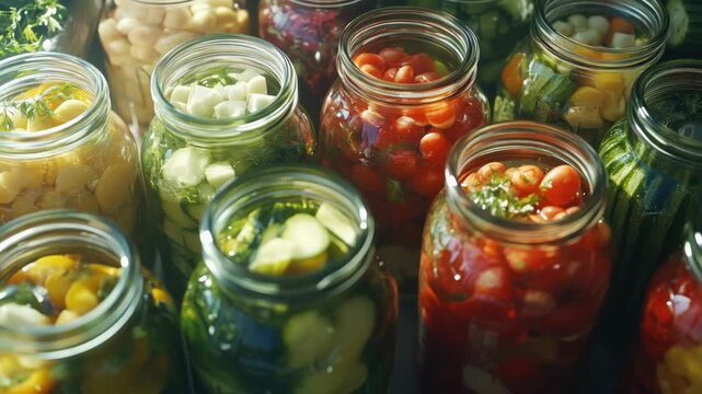 A collection of different pickled and canned vegetables in jars with labels