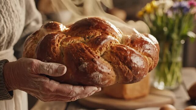 Close-up of elderly hands holding a hot, steaming braided loaf of bread. Freshly baked golden pastry with steam rising in a rustic kitchen. Traditional homemade Easter Paska or Challah concept