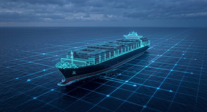 Large cargo ship with a digital twin grid and arrows illustrating autonomous navigation and logistics pathfinding in the sea.