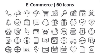 A versatile collection of 60 minimalist line icons perfect for e-commerce websites, mobile apps, and digital marketing, emphasizing seamless user experience