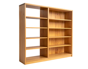 A light wood, open shelf bookcase with a divided section and multiple horizontal planks