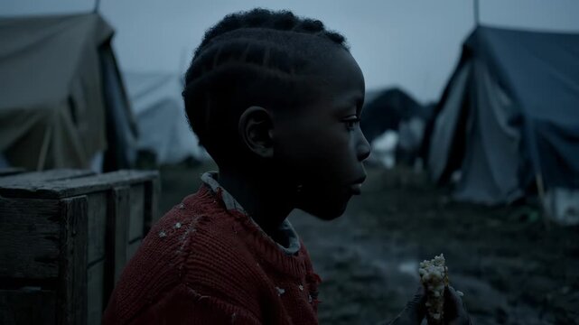 Hungry child eats food in dark refugee camp. Poor refugee holding bread piece. Refugee camp setting with tents. Child eating survival meal. Hungry refugee in dirty sweater. Poverty crisis concept.