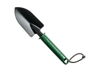 Small hand trowel with a black metal scoop and green ergonomic grip
