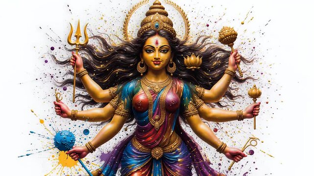 Vibrant Hindu Goddess Durga Digital Painting Splatter Art Divine Power