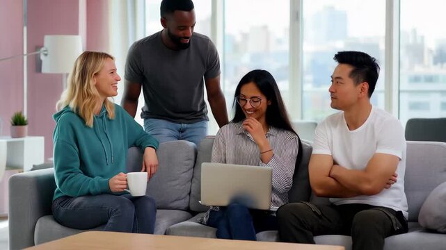 Modern Workspace Collaboration: A group of diverse individuals engage in an animated discussion, brainstorming ideas, and collaborating on a laptop in a contemporary living space.