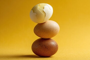 Three eggs stacked on a yellow background, featuring a cracked white egg on top, a brown speckled egg in the middle, and a solid brown egg at the bottom for a vibrant display