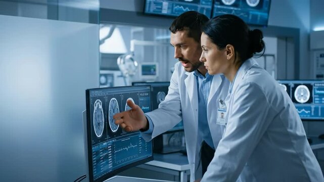 two caucasian doctors analyzing brain scans on computer monitor in modern hospital laboratory. medical research and healthcare concept. neurology diagnosis.