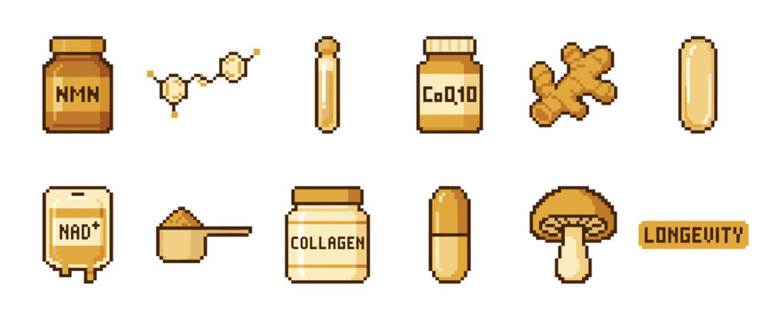 Collection of pixel art longevity icons featuring supplements like NMN, CoQ10, and collagen, along with a mushroom, ginger, and NAD+ IV bag in a retro 8-bit video game style