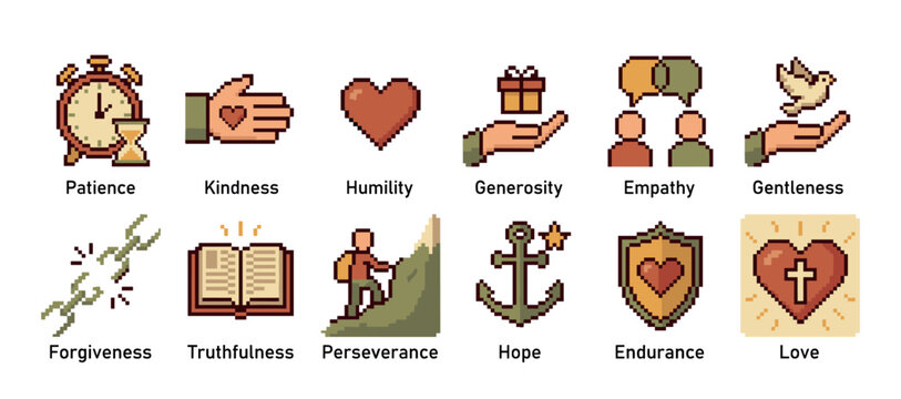 Collection of pixel art icons representing spiritual virtues and positive character traits like patience, kindness, hope, and love, designed in a retro 8-bit video game graphic style