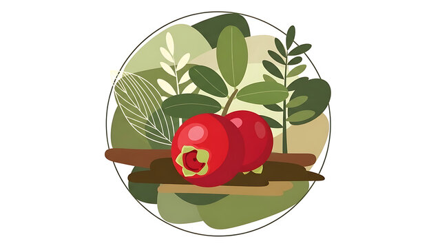 A clean vector illustration of two ripe red cranberries with green leaves, framed within a decorative circular emblem with abstract organic shapes.
