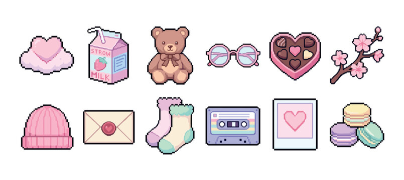 Collection of cute pixel art icons featuring a teddy bear, chocolate, cassette tape, and macarons for a romantic Valentine's Day theme in a retro 8-bit gaming style