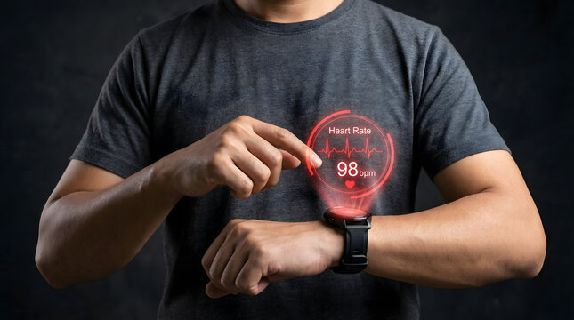Man in grey t shirt pointing at a smart watch displaying a holographic heart rate monitor - Powered by Adobe