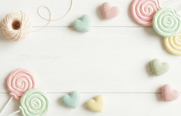 Sweet lollipops and heart shaped candies on wooden background for White Day