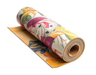 Rolled yoga mat with vibrant, abstract floral print