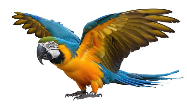 Isolated blue-and-yellow macaw perched, beautiful wings spread open, stunning colorful bird