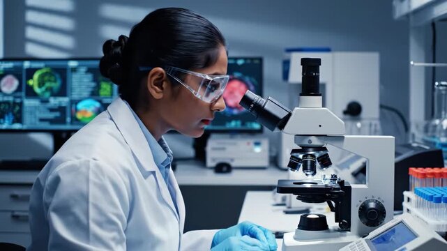 indian female scientist looking through microscope in modern laboratory. woman wearing safety glasses and gloves analyzing sample. medical research, biotechnology and science  concept.