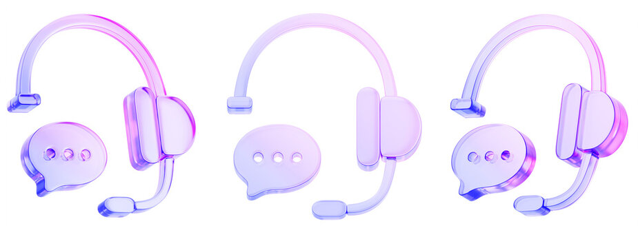 Customer service, call center, phone support. Render 3d set of glass holographic headphones with speech bubble chat icon. AI agent or hotline helpdesk operator headset with message