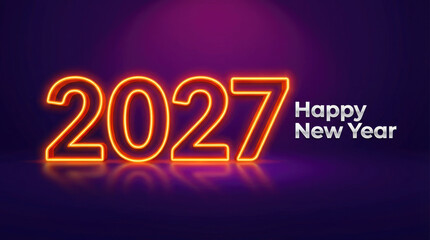 Happy new year 2027 text in orange and white over a purple and magenta gradient background with a soft glow effect
